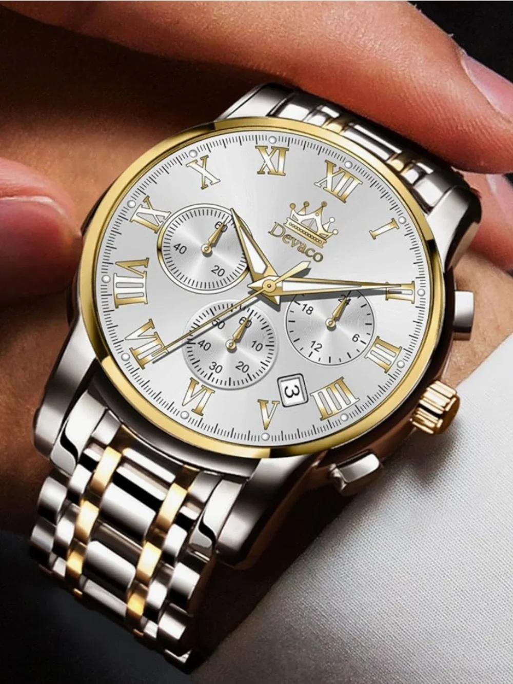New! QUARTZ Devaco Business Mens Chronograph Watch Stainless Steel Waterproof